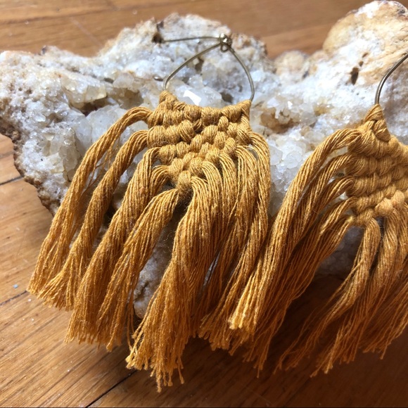 Handmade Mustard Yellow Macrame Earrings - Picture 4 of 5